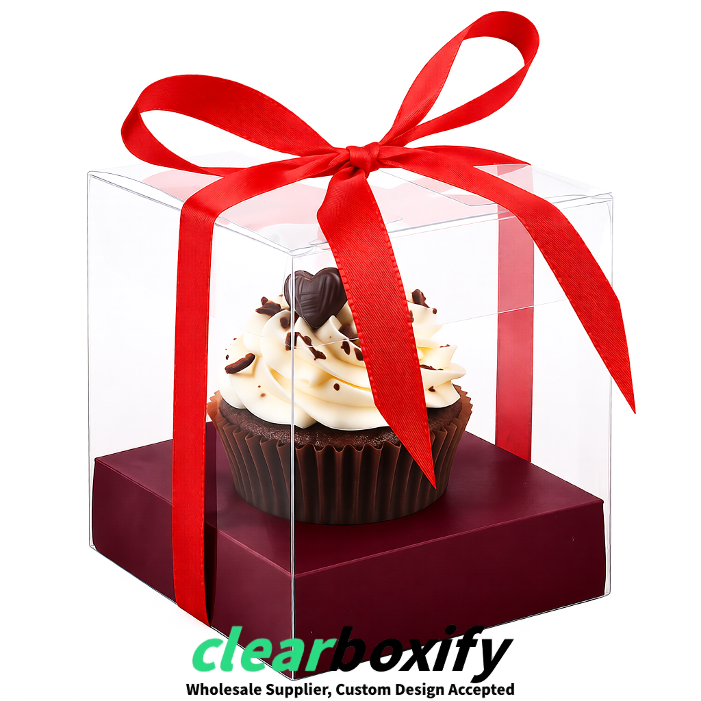 Clear Individual Cupcake Boxes with Wine Red Base Square 3.5 inch Plastic Cupcake Carrier with Ribbon