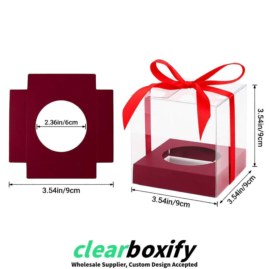 Clear Individual Cupcake Boxes with Wine Red Base Square 3.5 inch Plastic Cupcake Carrier with Ribbon