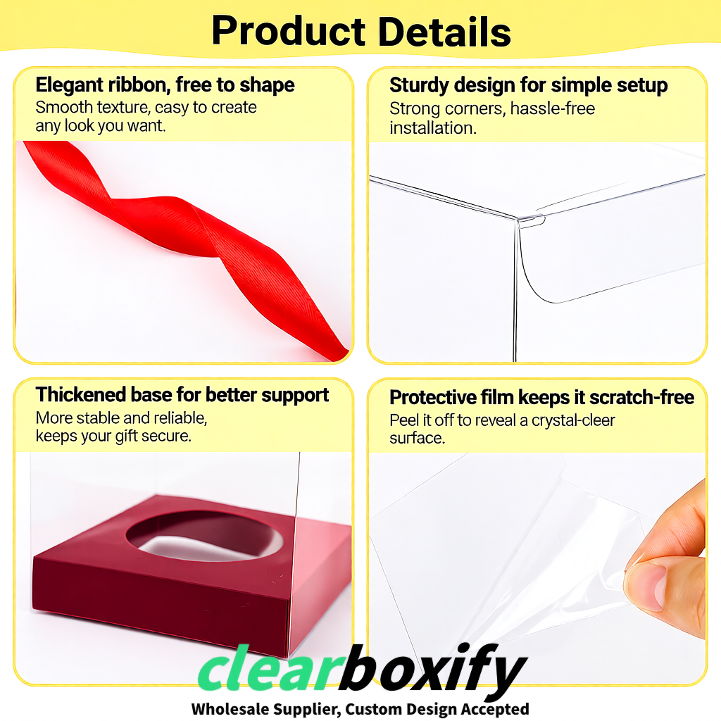 Clear Individual Cupcake Boxes with Wine Red Base Square 3.5 inch Plastic Cupcake Carrier with Ribbon