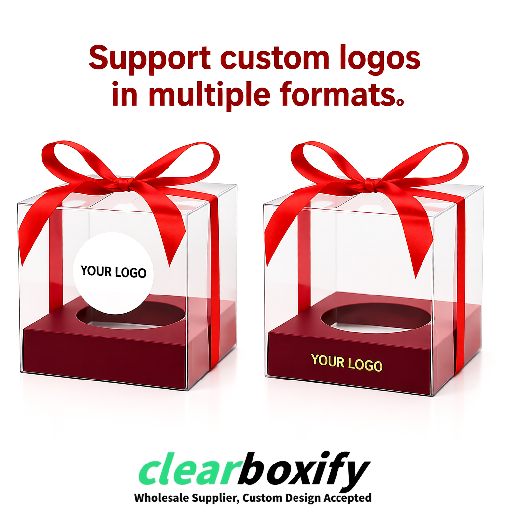 Clear Individual Cupcake Boxes with Wine Red Base Square 3.5 inch Plastic Cupcake Carrier with Ribbon