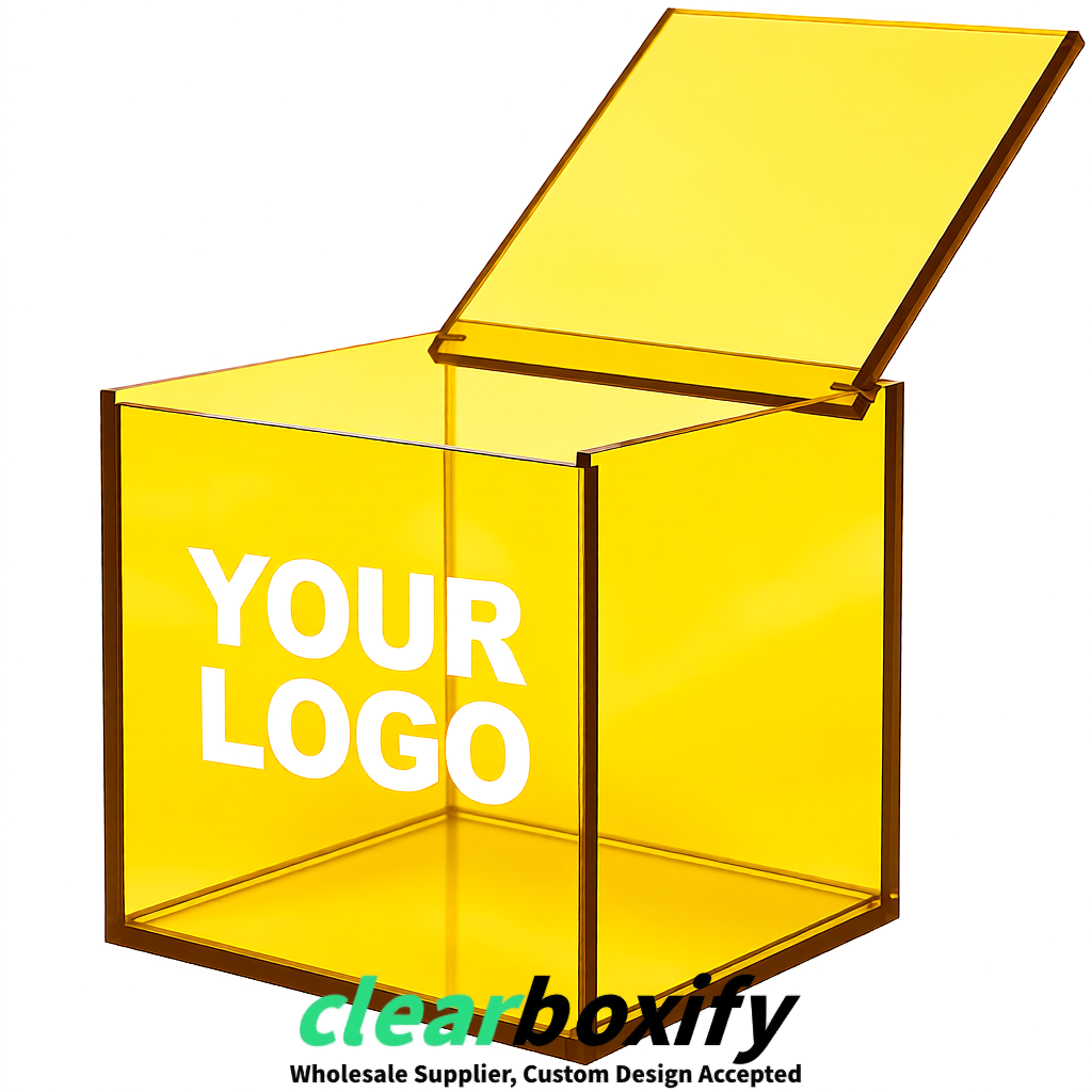 Yellow Clear Acrylic Square Boxes With Lid 5x5x5 inch Anti Dust Durable Storage Box