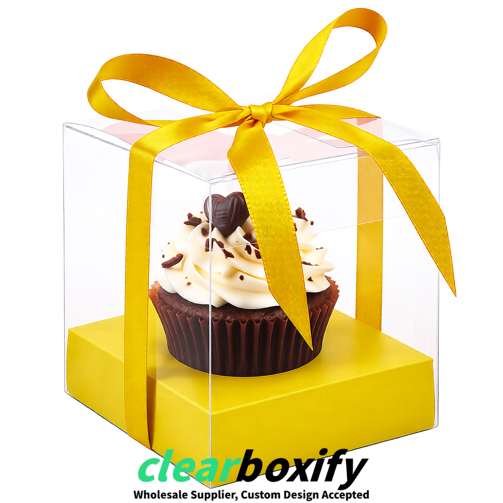 Clear Individual Cupcake Boxes with Yellow Base Square 3.5 inch Plastic Cupcake Carrier with Ribbon