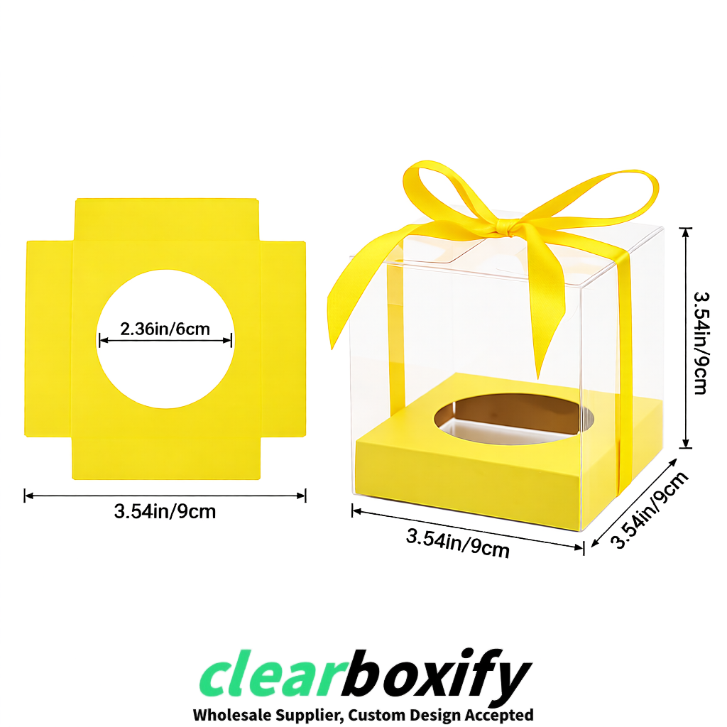 Clear Individual Cupcake Boxes with Yellow Base Square 3.5 inch Plastic Cupcake Carrier with Ribbon
