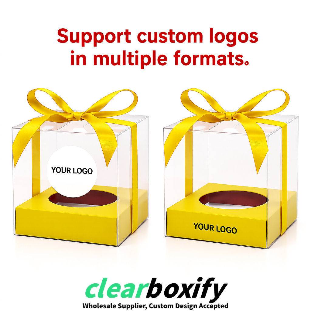 Clear Individual Cupcake Boxes with Yellow Base Square 3.5 inch Plastic Cupcake Carrier with Ribbon