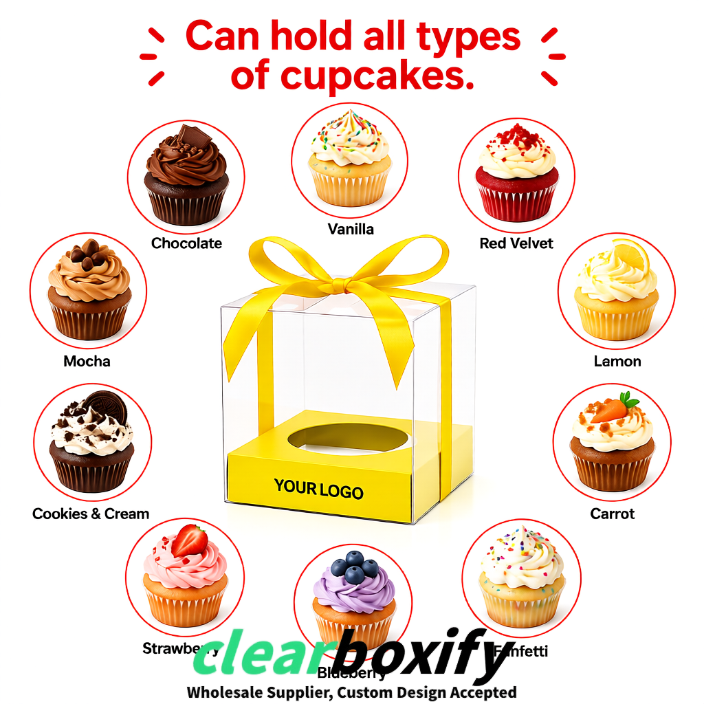 Clear Individual Cupcake Boxes with Yellow Base Square 3.5 inch Plastic Cupcake Carrier with Ribbon Clear Individual Cupcake Boxes with Yellow Base Square 3.5 inch Plastic Cupcake Carrier with Ribbon