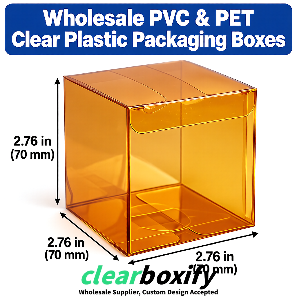 PPWR-Aligned Amber Translucent PVC & PET Boxes 60x60x180mm 76x76x76mm 70x70x70/100/120mm