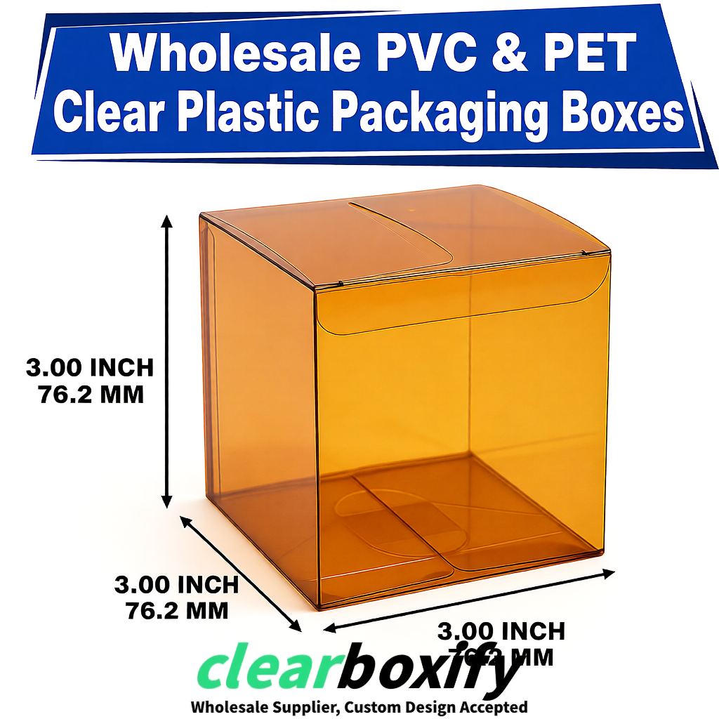 PPWR-Aligned Amber Translucent PVC & PET Boxes 60x60x180mm 76x76x76mm 70x70x70/100/120mm
