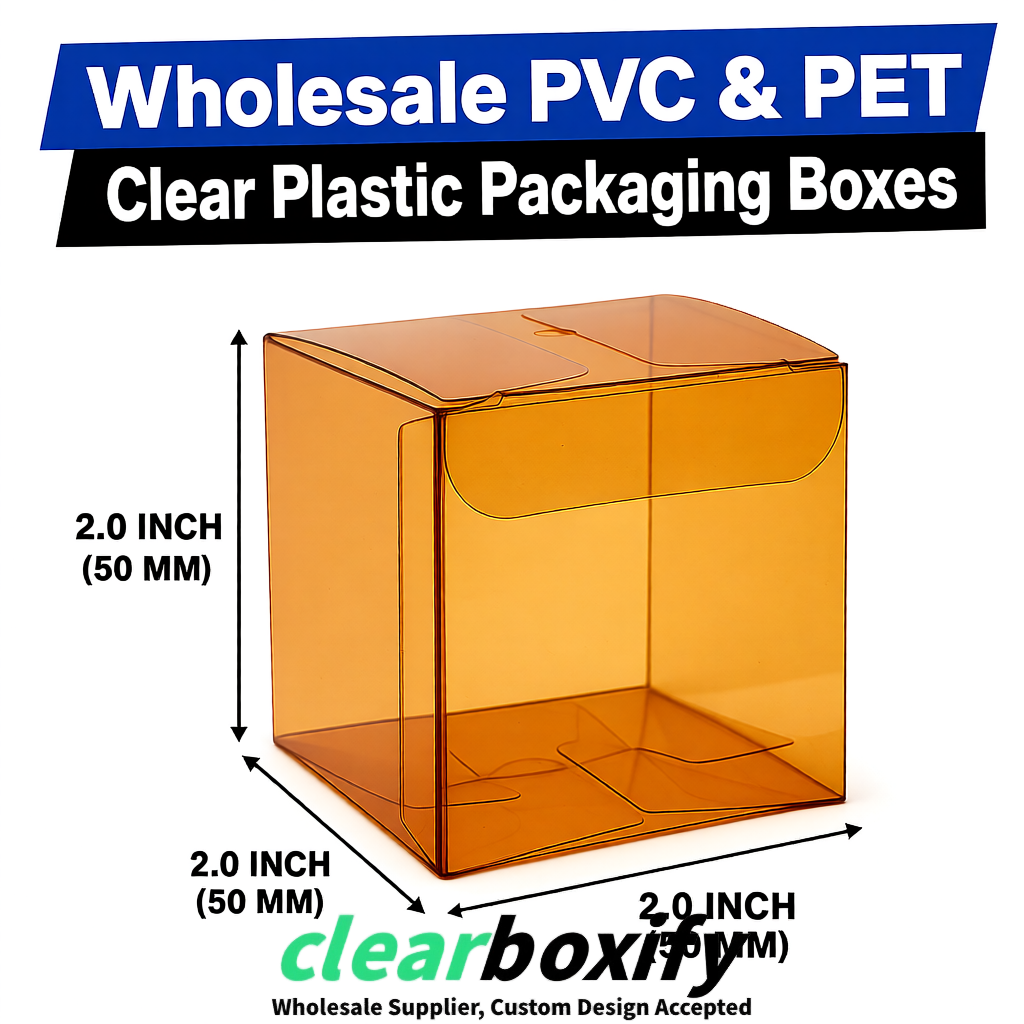 Amber Clear PVC & PET Boxes 38x38x38, 40x40x40, 50x50x50/80mm