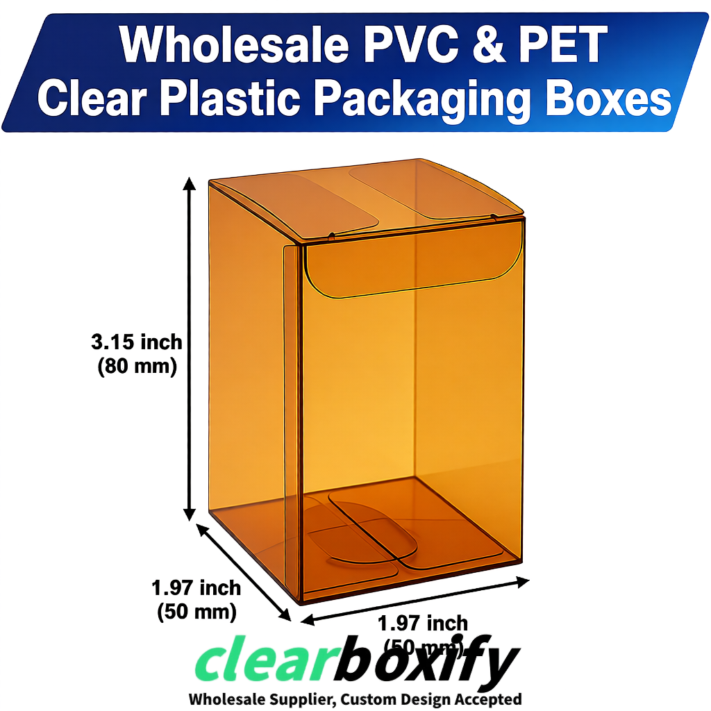 Amber Clear PVC & PET Boxes 38x38x38, 40x40x40, 50x50x50/80mm