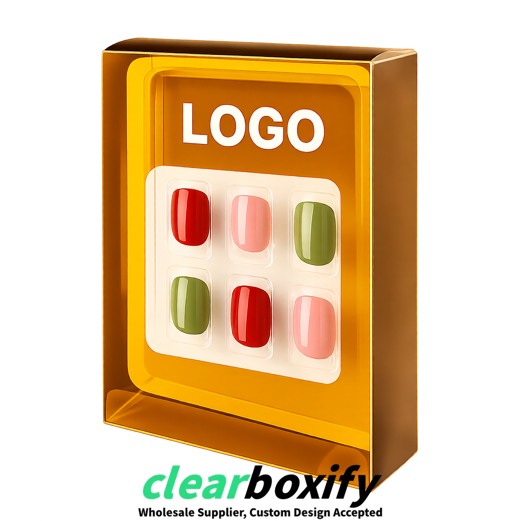 Amber Clear Press-on Nails Box with Hanging Hook | Plastic PVC PP PET Packaging