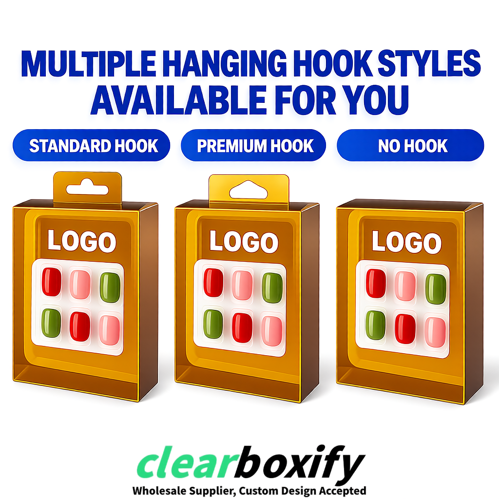 Amber Clear Press-on Nails Box with Hanging Hook | Plastic PVC PP PET Packaging