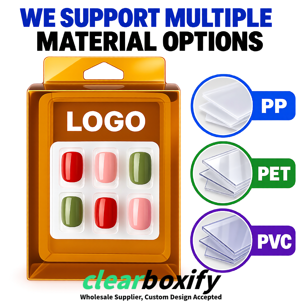 Amber Clear Press-on Nails Box with Hanging Hook | Plastic PVC PP PET Packaging