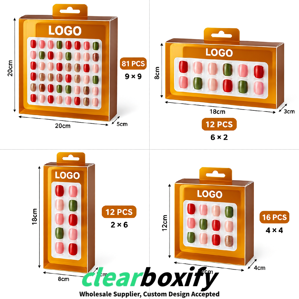 Amber Clear Press-on Nails Box with Hanging Hook | Plastic PVC PP PET Packaging