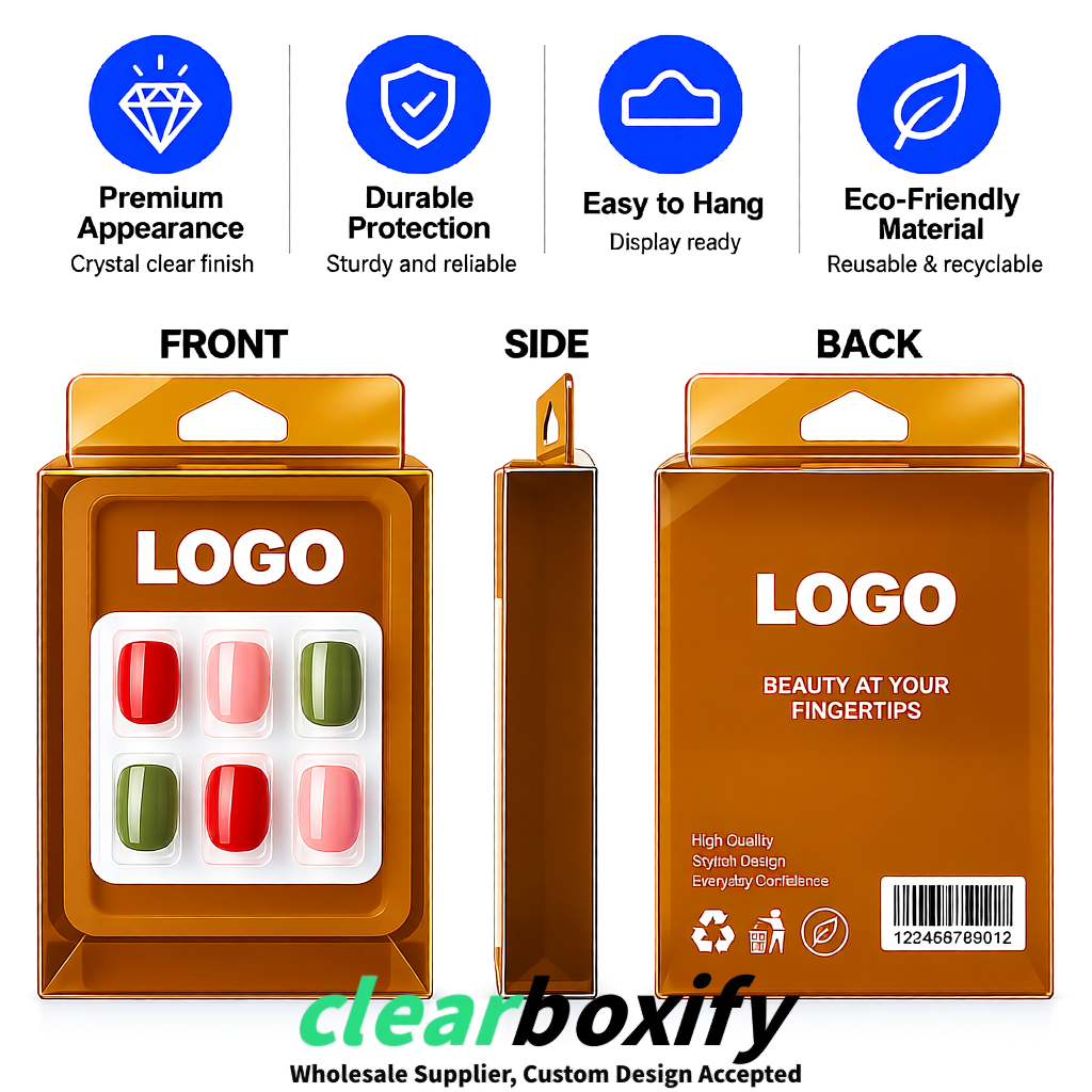 Amber Clear Press-on Nails Box with Hanging Hook | Plastic PVC PP PET Packaging