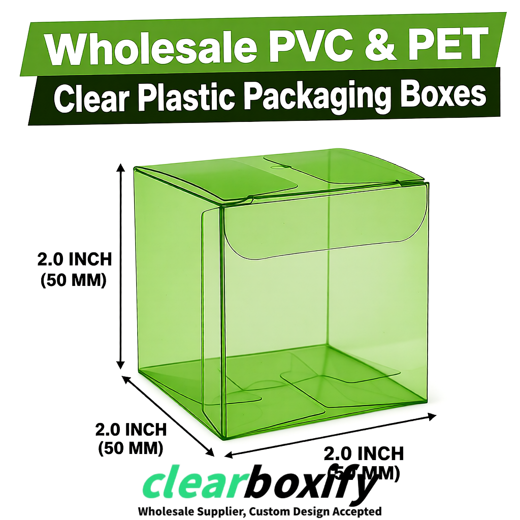Avocado Green Clear PVC & PET Boxes 38x38x38, 40x40x40, 50x50x50/80mm