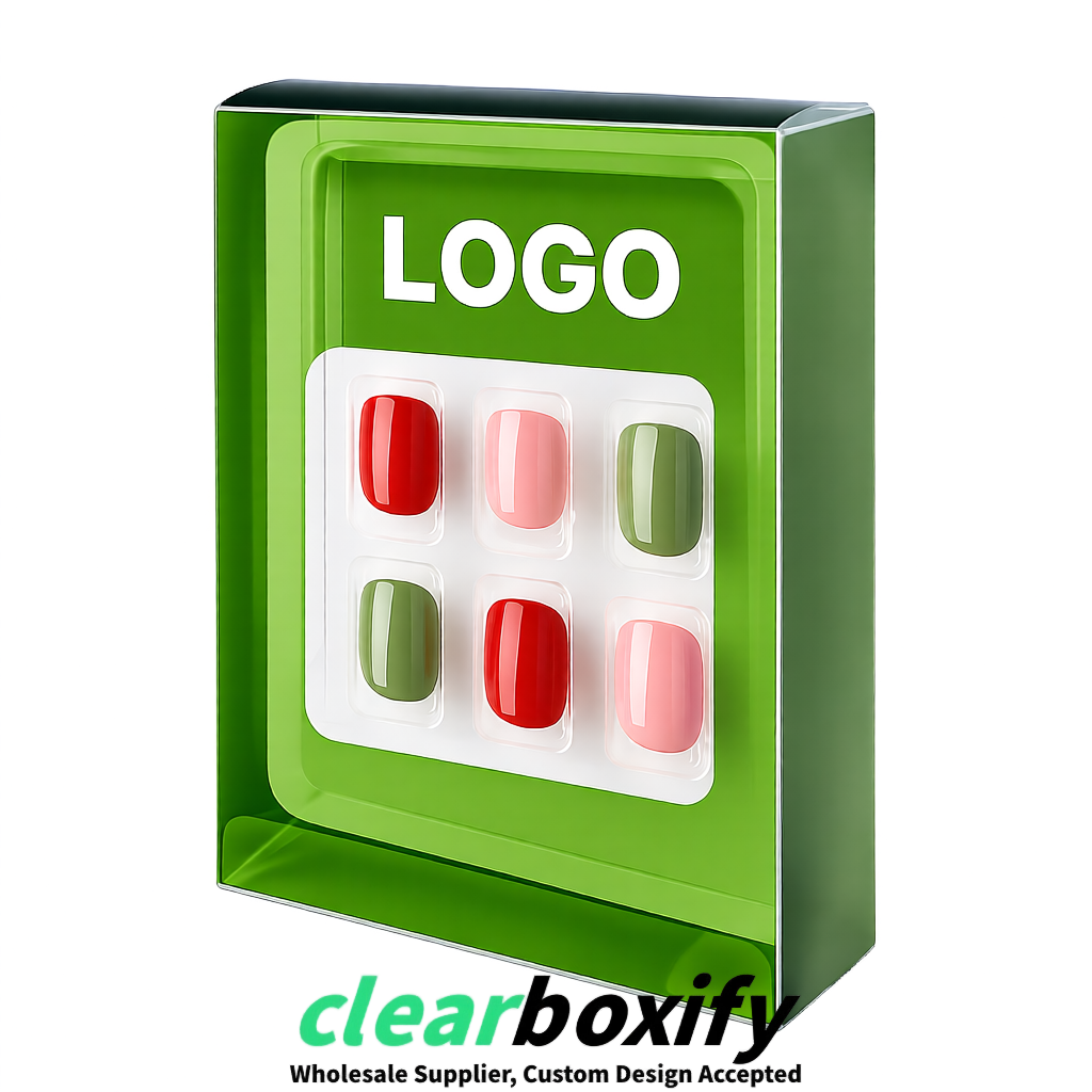 Avocado Green Clear Press-on Nails Box with Hanging Hook | Plastic PVC PP PET Packaging