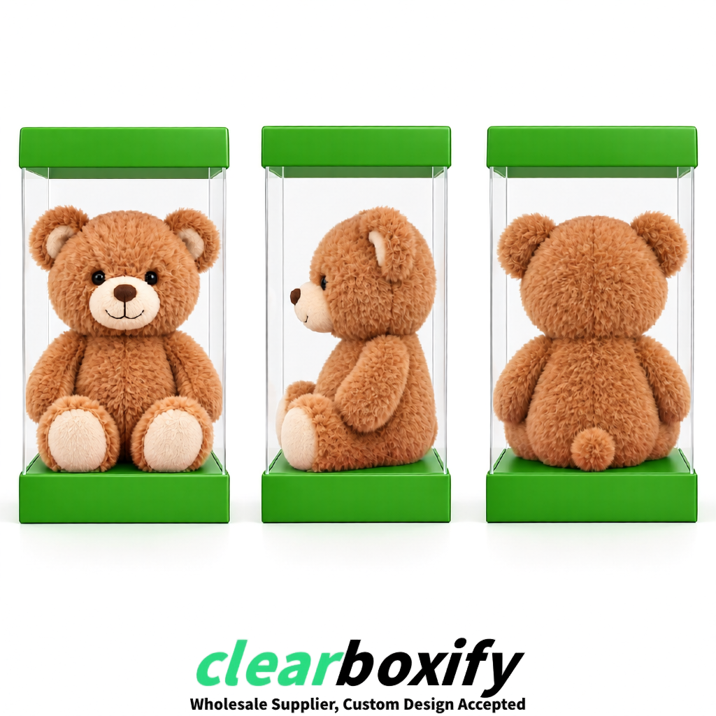 Avocado Green Clear Toy Display Boxes with White Base & Top | Wholesale Bulk Packaging