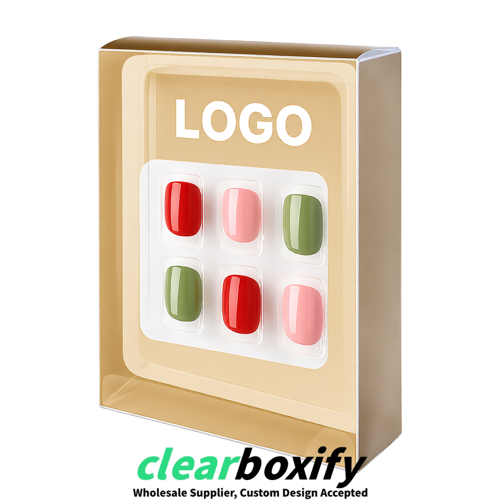Beige Clear Press-on Nails Box with Hanging Hook | Plastic PVC PP PET Packaging