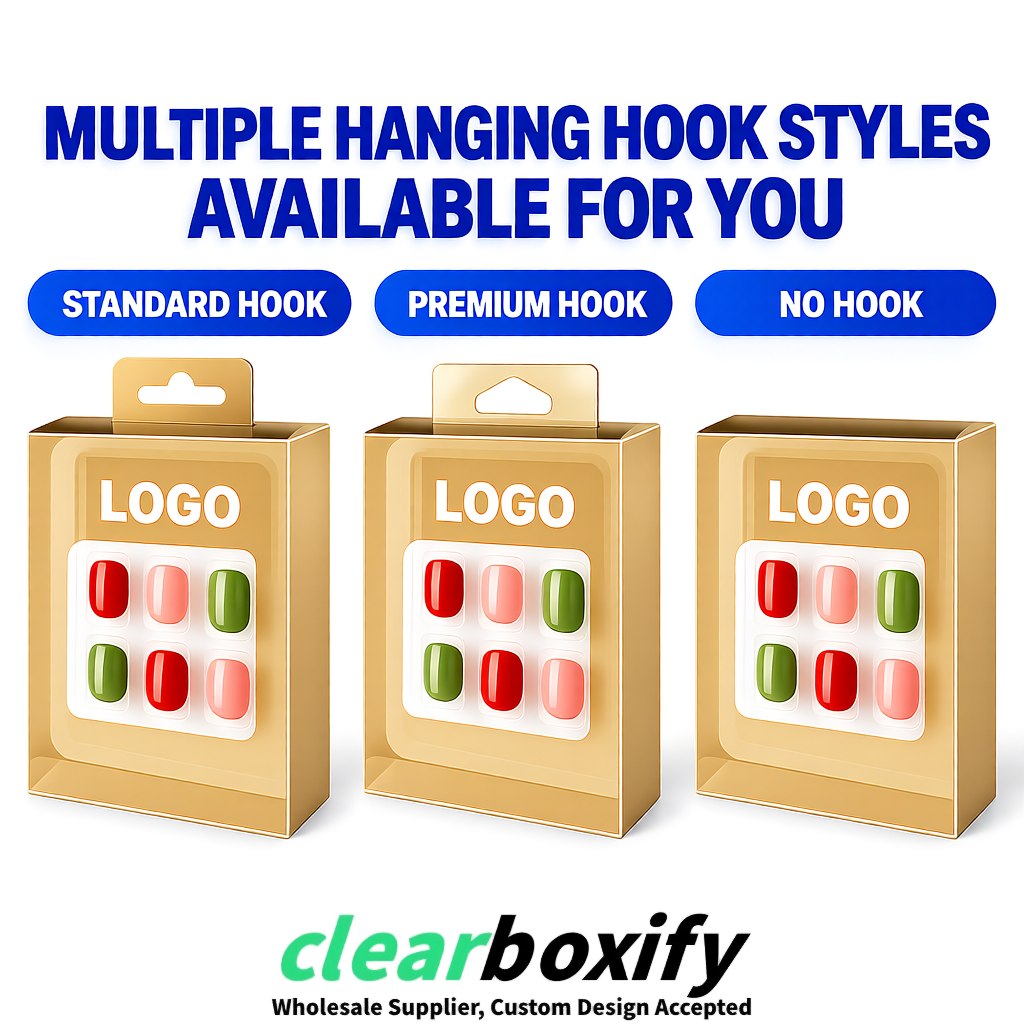 Beige Clear Press-on Nails Box with Hanging Hook | Plastic PVC PP PET Packaging