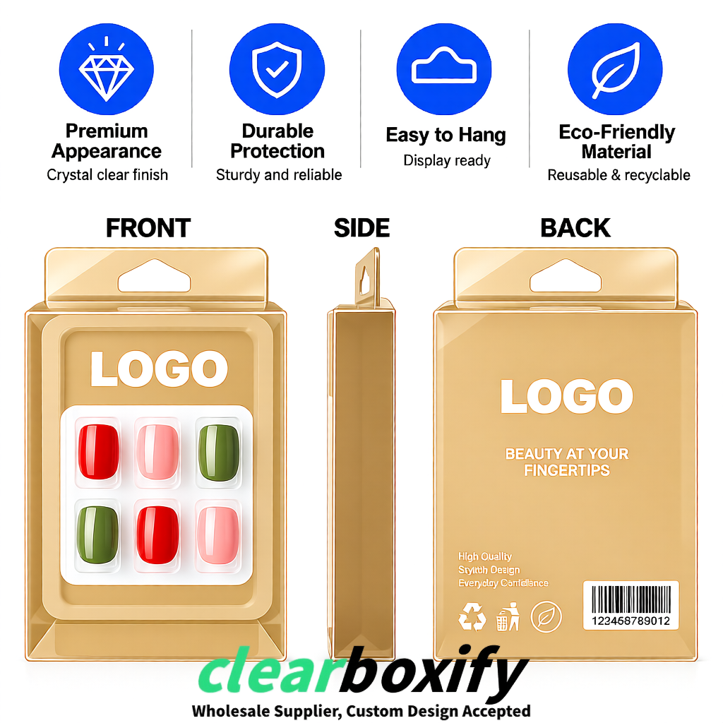 Beige Clear Press-on Nails Box with Hanging Hook | Plastic PVC PP PET Packaging