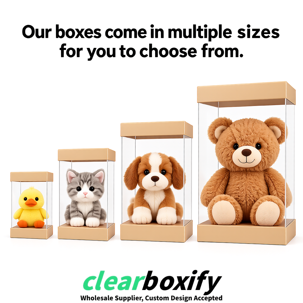 Beige Clear Toy Display Boxes with White Base & Top | Wholesale Bulk Packaging