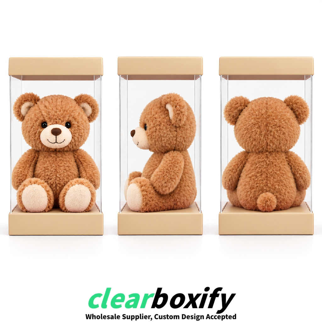 Beige Clear Toy Display Boxes with White Base & Top | Wholesale Bulk Packaging