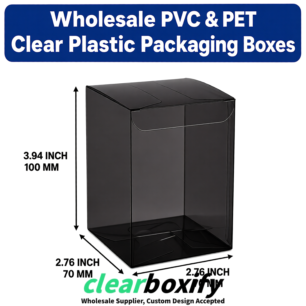 PPWR-Aligned Black Translucent PVC & PET Boxes 60x60x180mm 76x76x76mm 70x70x70/100/120mm