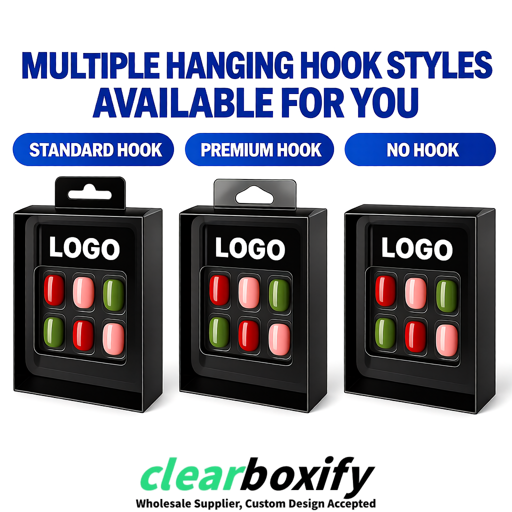 Black Clear Press-on Nails Box with Hanging Hook | Plastic PVC PP PET Packaging Black Clear Press-on Nails Box with Hanging Hook | Plastic PVC PP PET Packaging