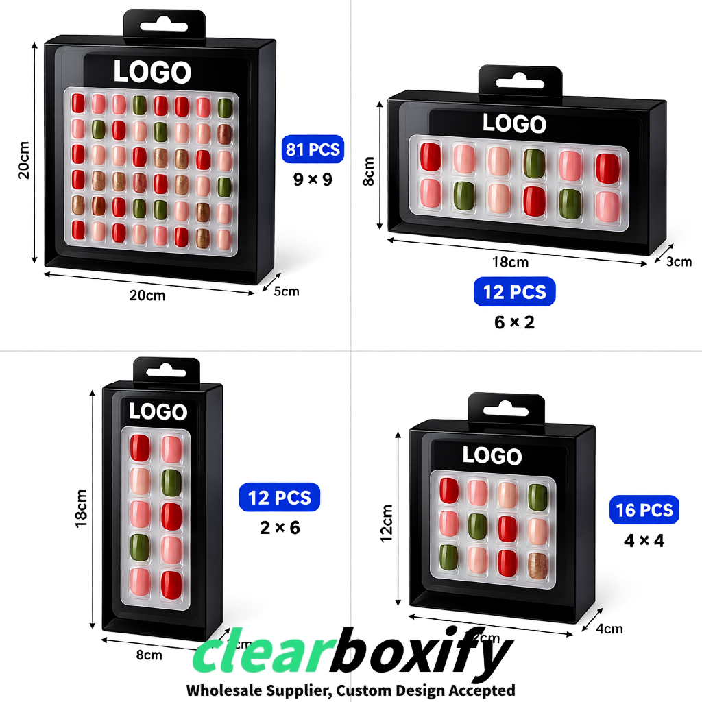 Black Clear Press-on Nails Box with Hanging Hook | Plastic PVC PP PET Packaging