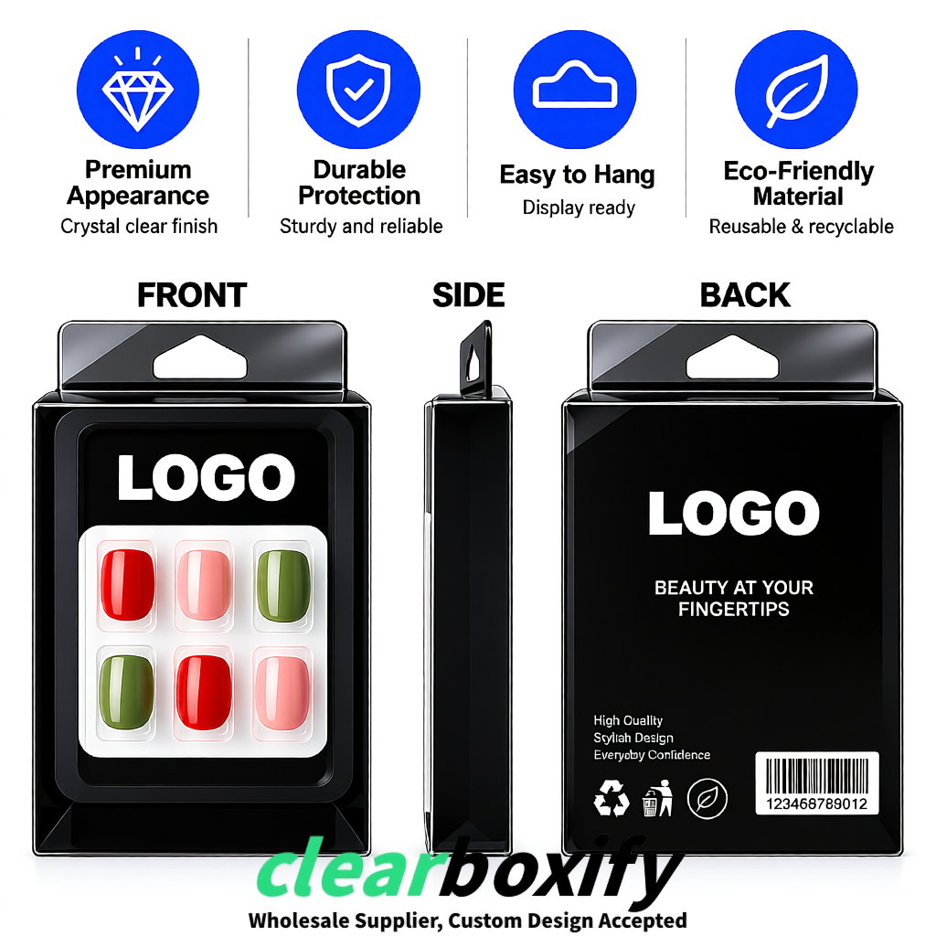 Black Clear Press-on Nails Box with Hanging Hook | Plastic PVC PP PET Packaging