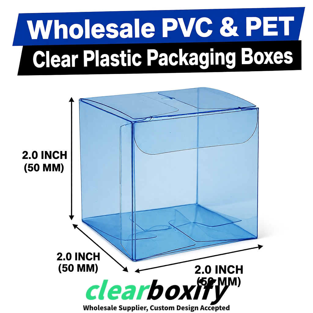 Blue Clear PVC & PET Boxes 38x38x38, 40x40x40, 50x50x50/80mm