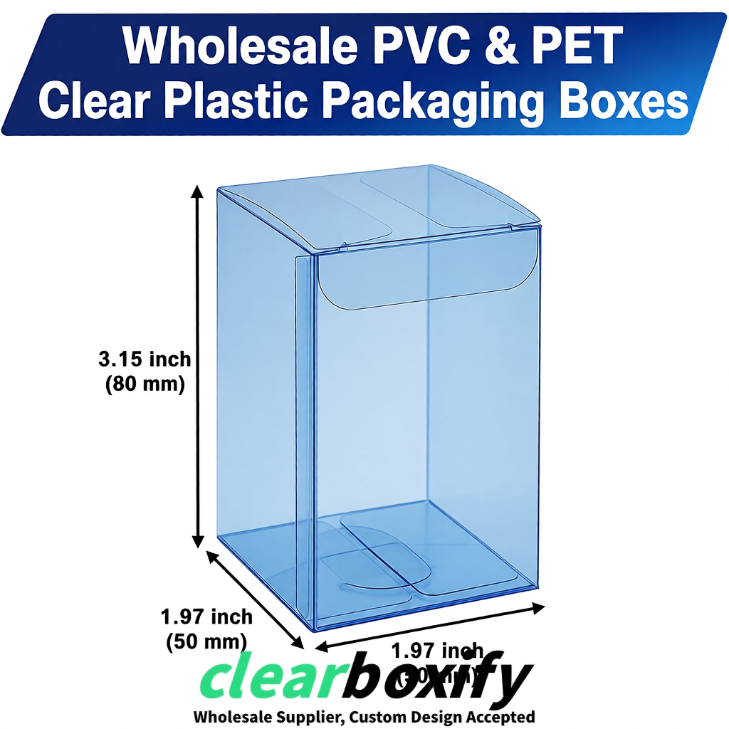 Blue Clear PVC & PET Boxes 38x38x38, 40x40x40, 50x50x50/80mm