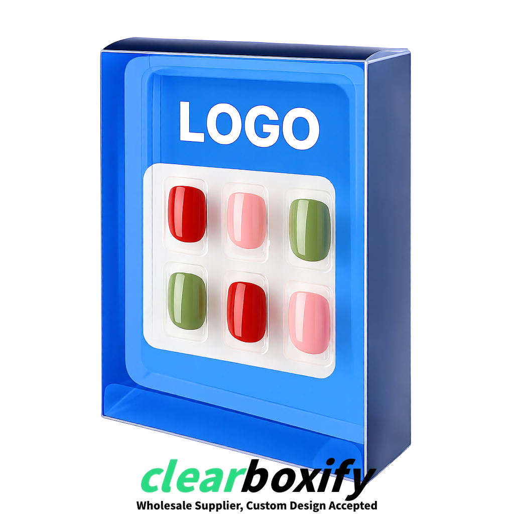 Blue Clear Press-on Nails Box with Hanging Hook | Plastic PVC PP PET Packaging