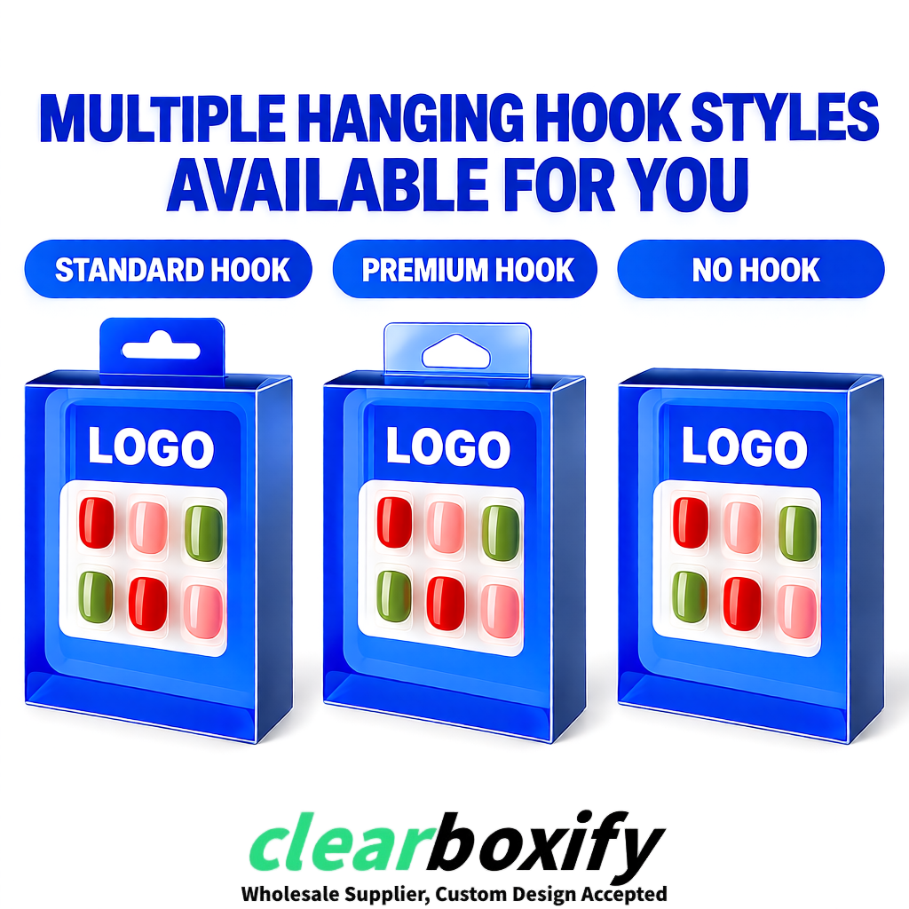 Blue Clear Press-on Nails Box with Hanging Hook | Plastic PVC PP PET Packaging