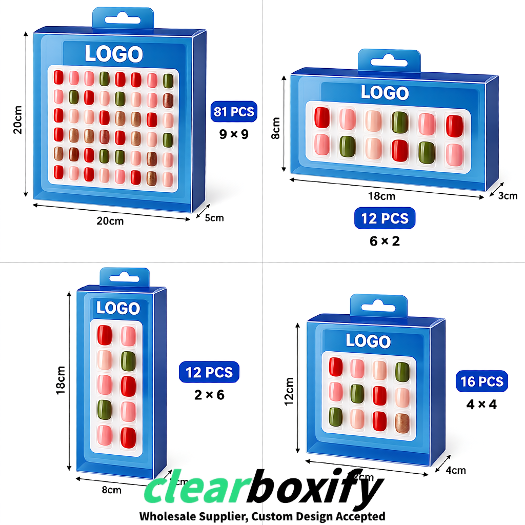 Blue Clear Press-on Nails Box with Hanging Hook | Plastic PVC PP PET Packaging