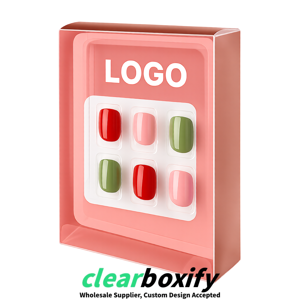 Blush Clear Press-on Nails Box with Hanging Hook | Plastic PVC PP PET Packaging