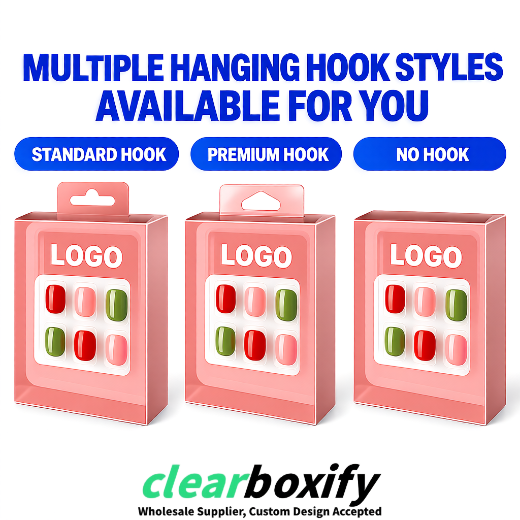 Blush Clear Press-on Nails Box with Hanging Hook | Plastic PVC PP PET Packaging