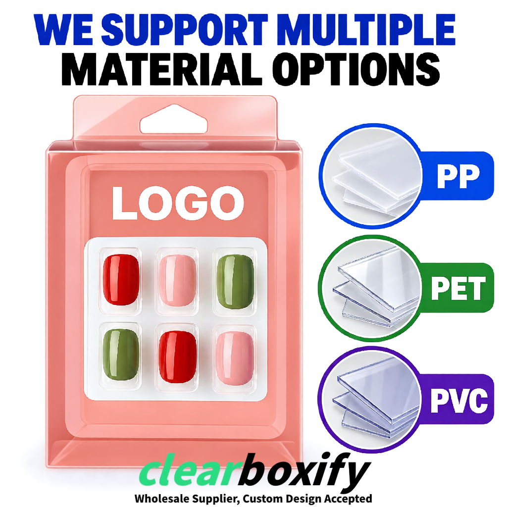 Blush Clear Press-on Nails Box with Hanging Hook | Plastic PVC PP PET Packaging