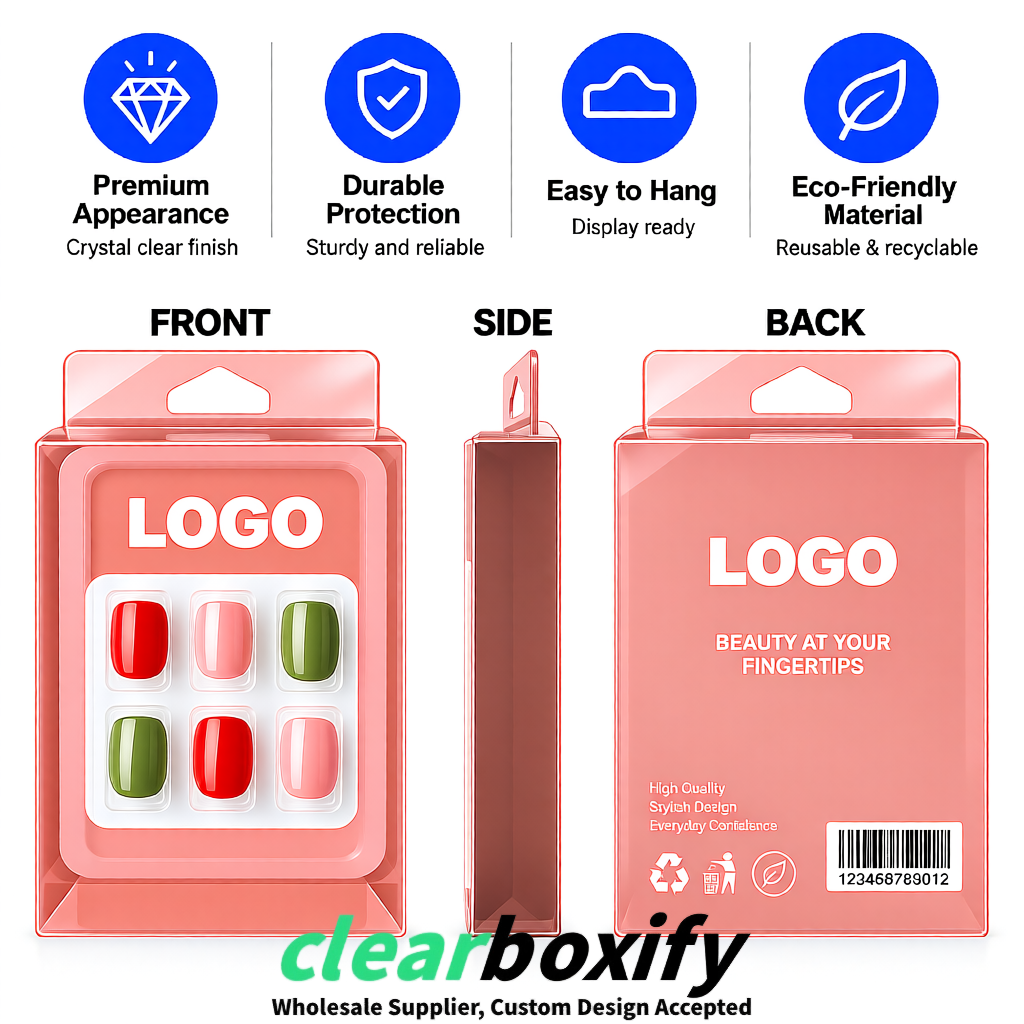 Blush Clear Press-on Nails Box with Hanging Hook | Plastic PVC PP PET Packaging