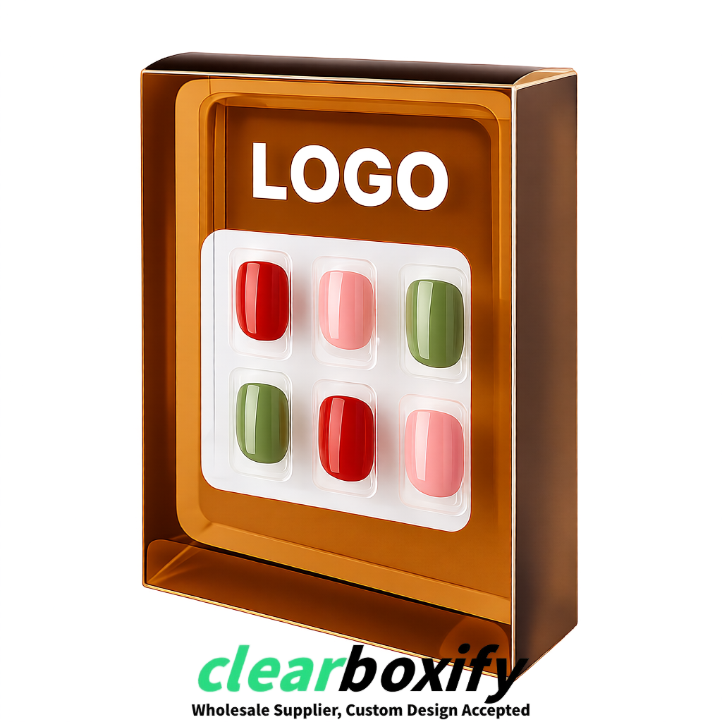 Bronze Clear Press-on Nails Box with Hanging Hook | Plastic PVC PP PET Packaging