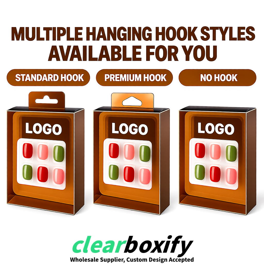 Bronze Clear Press-on Nails Box with Hanging Hook | Plastic PVC PP PET Packaging