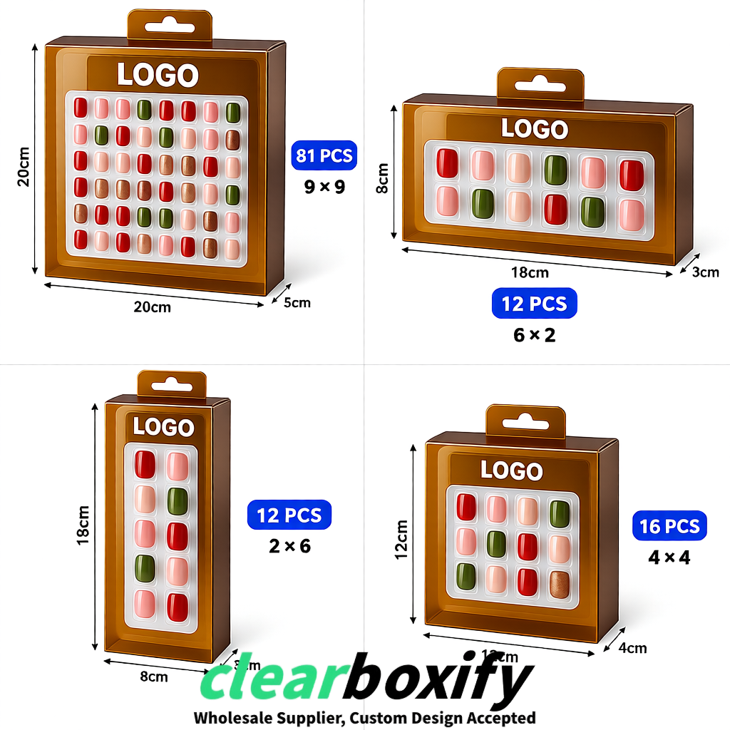 Bronze Clear Press-on Nails Box with Hanging Hook | Plastic PVC PP PET Packaging