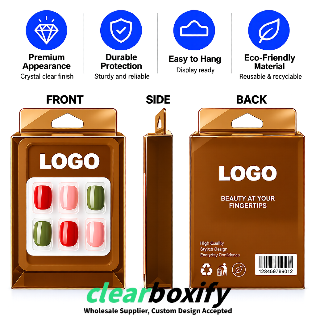 Bronze Clear Press-on Nails Box with Hanging Hook | Plastic PVC PP PET Packaging
