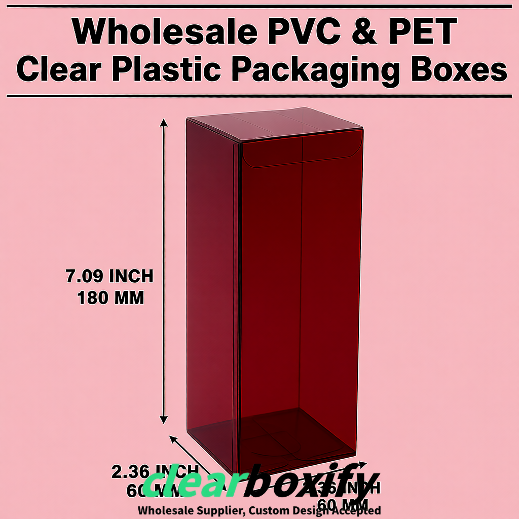 PPWR-Aligned Burgundy Translucent PVC & PET Boxes 60x60x180mm 76x76x76mm 70x70x70/100/120mm