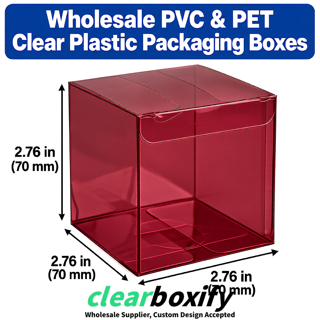 PPWR-Aligned Burgundy Translucent PVC & PET Boxes 60x60x180mm 76x76x76mm 70x70x70/100/120mm