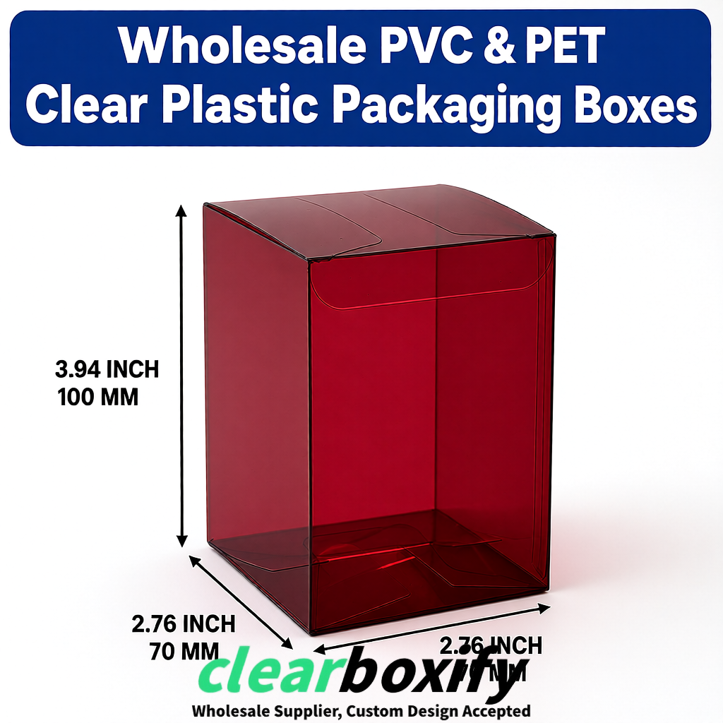 PPWR-Aligned Burgundy Translucent PVC & PET Boxes 60x60x180mm 76x76x76mm 70x70x70/100/120mm