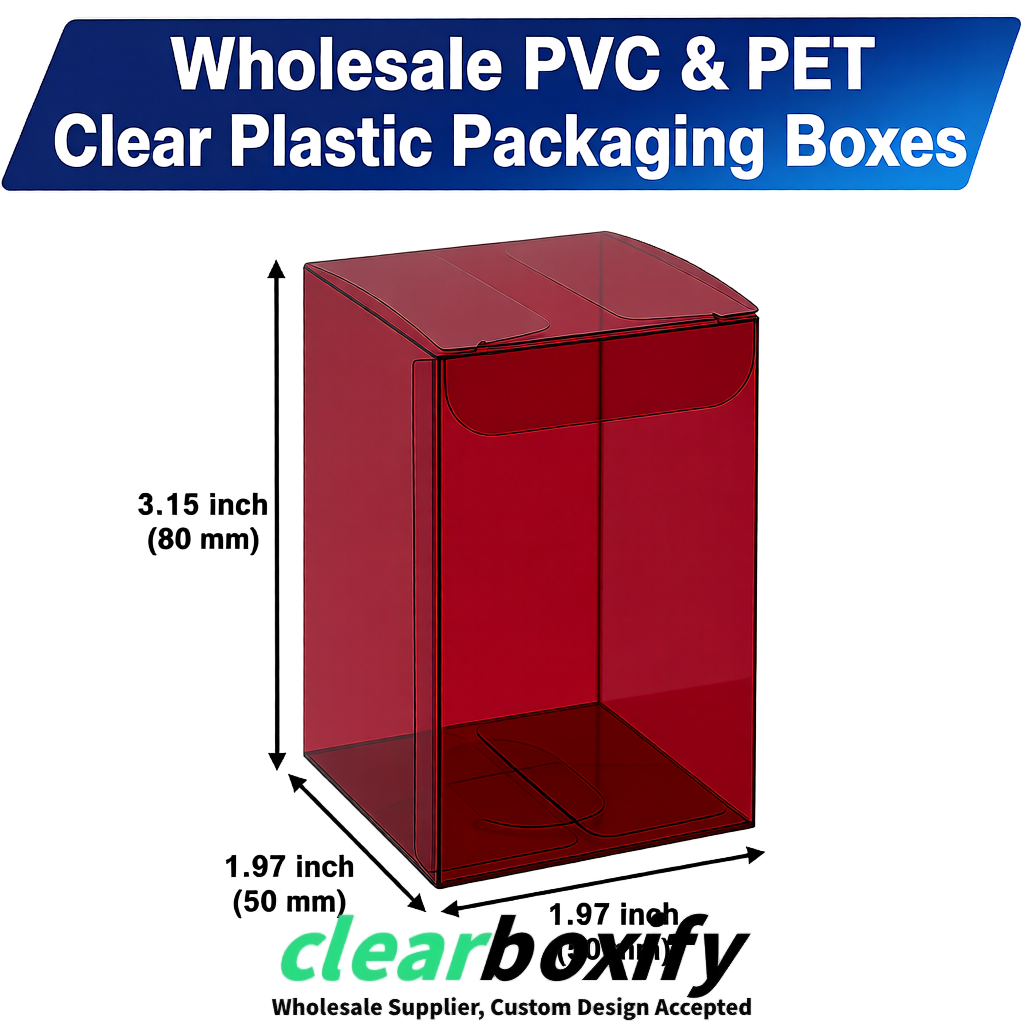 Burgundy Clear PVC & PET Boxes 38x38x38, 40x40x40, 50x50x50/80mm