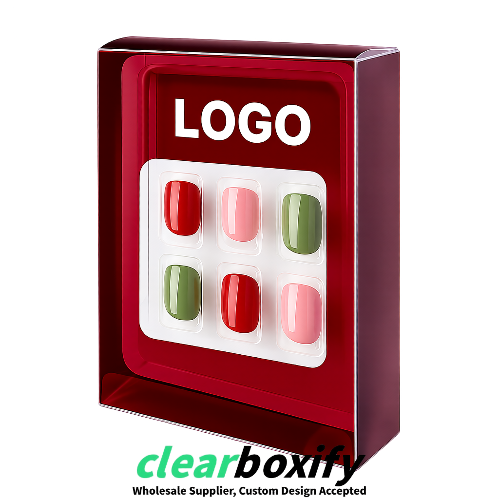 Burgundy Clear Press-on Nails Box with Hanging Hook | Plastic PVC PP PET Packaging