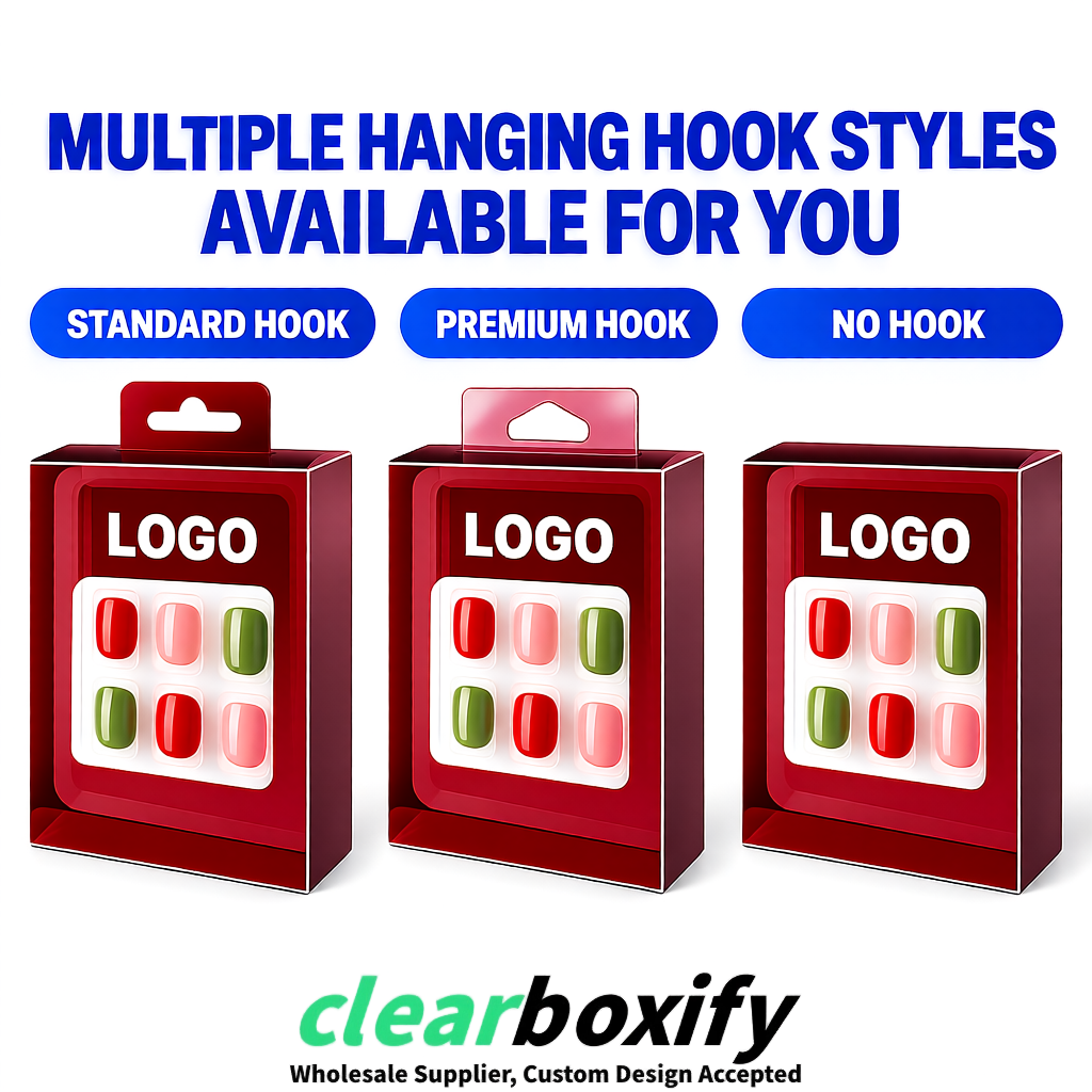 Burgundy Clear Press-on Nails Box with Hanging Hook | Plastic PVC PP PET Packaging