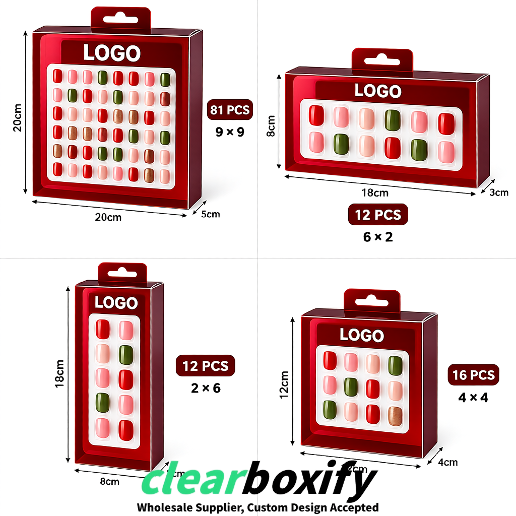 Burgundy Clear Press-on Nails Box with Hanging Hook | Plastic PVC PP PET Packaging